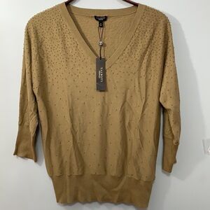 Talbots | NWT Tan Brown Silk Cotton Lightweight Beaded V-Neck Pullover Sweater S